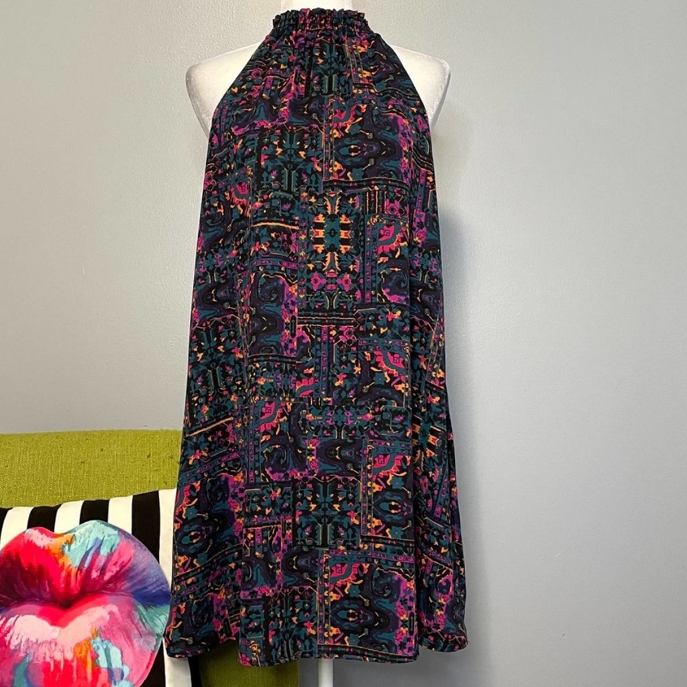 Allison Joy Cameron Multicolored Mock Neck Swing Mini Dress Large